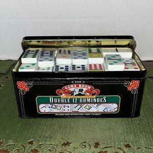 Eton Game Room Double 12 Dominoes Set - Black Tin with Colorful Dominoes